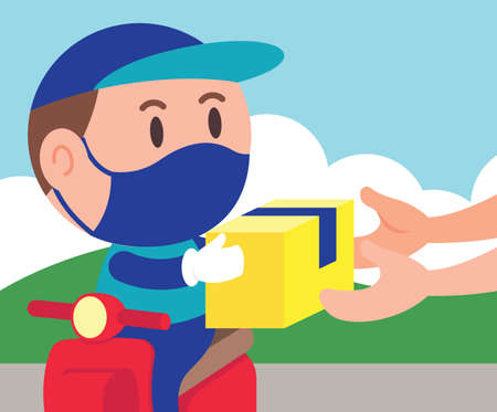 Delivery man riding scooter courier and hang over parcel to customer on sunny day