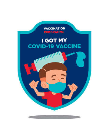 Cartoon man show thumb ups to take coronavirus vaccine programme and protected by shield against covid19のイラスト素材