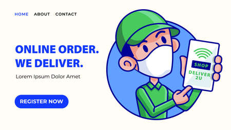 Landing web page template of online delivery service app. Modern flat design web banner of man with cap touching on smartphone screen to show delivery appのイラスト素材