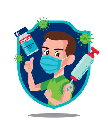 Man in shield wearing surgical mask showing vaccinated arm and thumb up hand sign. Syringe with needle and vaccine bottle floating around. Vaccination prevent against coronavirus COVID19のイラスト素材