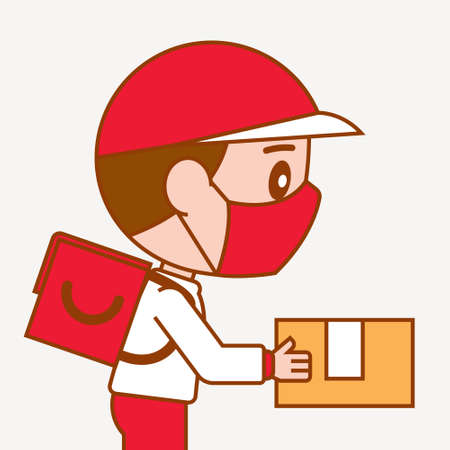 Cartoon cute man with red and white uniform wearing face mask deliver parcel - vectorのイラスト素材