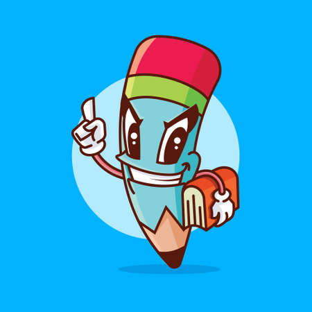 Cartoon cute pencil holding book and finger point to other side. Vector mascotのイラスト素材