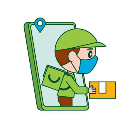 Cartoon delivery man with face mask showing up from smartphone ready to send parcel to customerのイラスト素材