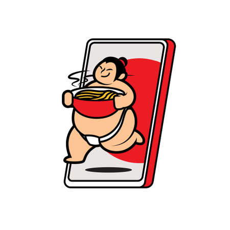 Cartoon cubby sumo wrestler holding big bowl ramen and running out from smartphone for food delivery appのイラスト素材