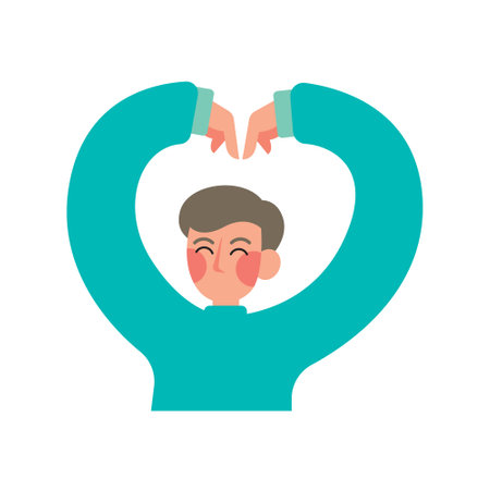 Flat design male shows korean style love hand sign. Valentine celebration illustrationのイラスト素材