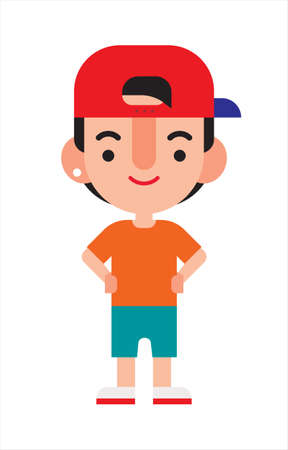 Flat design young man with baseball cap and casual wear with hands on waist. Vector characterのイラスト素材