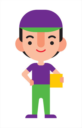 Flat design delivery man character in uniform carrying parcel and with hand on waist. Vector characterのイラスト素材