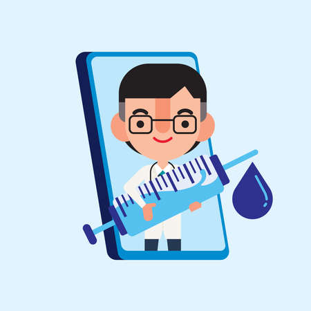 Flat cartoon doctor character popping out from mobile phone with hand holding syringe needle. Vector characterのイラスト素材