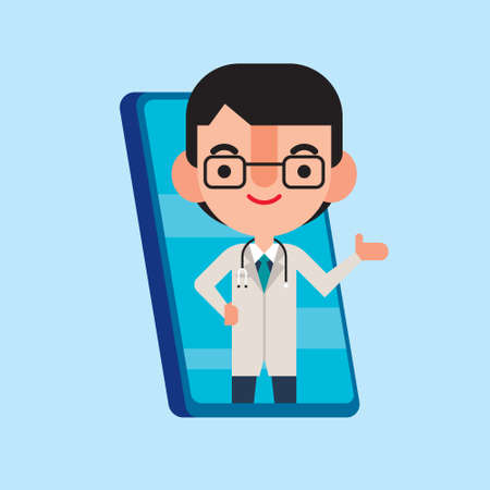 Flat cartoon doctor character popping out from mobile phone for presentation. Doctor hand pointing. Vector characterのイラスト素材