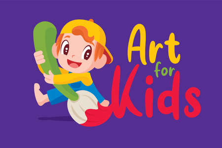 Happy cute little kid boy holding big art brush with custom title illustrationのイラスト素材