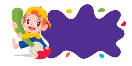 Happy cute little kid boy holding big art brush with paint splash as empty space on wallのイラスト素材