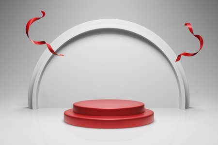 3D render white colour background in red cylinder podium and half sphere wall panel with red ribbons...