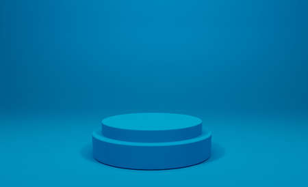 3d rendering product display mockup. Blue colour empty cylinder podium. For exhibition use platform design illustrationの写真素材
