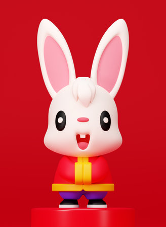 3D rendering cute cartoon rabbit character wearing Chinese costume with greeting hand and standing...