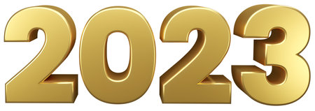 2023 Happy New Year. 3d render gold metallic sign. Realistic 3D 2023 signage for New Year...