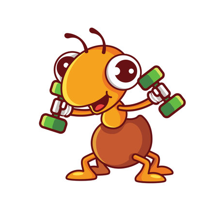 Cartoon cute ant doing fitness workout with carrying dumbbells character illustrationのイラスト素材