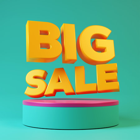 Big sale icon sign floating on blue product display podium pedestal 3d render illustrationの写真素材