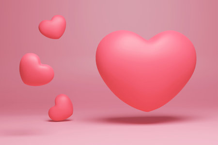 <p>3d pink love heart floating and falling on pink background illustration. Happy valentines and...