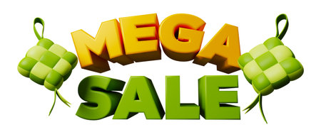 Mega Sale sign with 2 ketupat icon for Eid mubarak Ramadan Kareem Raya islamic festival 3d render illustrationの写真素材