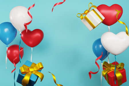 3d illustration balloons and falling gift boxes birthday christmas event party backgroundの写真素材