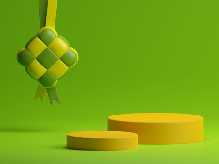 3d rendering haji ramadan product display with ketupat green backgroundの写真素材