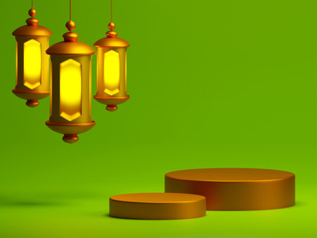 3d rendering gold podium product display with islamic hanging lanterns on green background. Eid Mubarak and Ramadan holiday sales conceptの写真素材