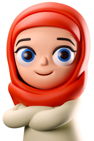 3D rendering muslim woman with hijab arms on chest cartoon character illustrationの写真素材