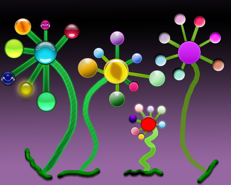 A colorful graphic design of four flower dancing and petals are made of lines and 3D balls on a purple and black backgroundの写真素材