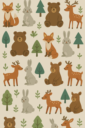 A delightful and whimsical pattern featuring bears, rabbits, deer, and trees set against a soothing beige background that adds warmth and charm to any spaceのイラスト素材
