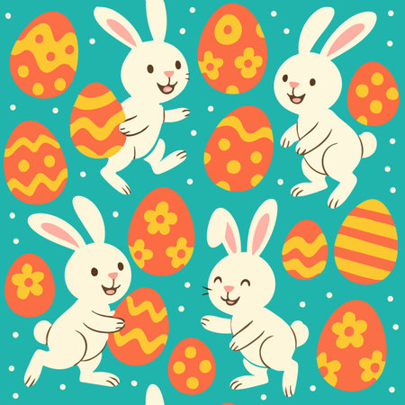 A delightful pattern featuring colorful easter bunnies and decorative eggs set against a vibrant blue background, perfect for festive designsのイラスト素材
