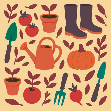 Gardening Galore Plants Tools Print Design in Vector. Vector illustrationのイラスト素材