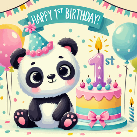 Happy 1st Birthday Baby Toddler Cute Celebration Greeting Child First Party Invitation Birthday Card Print Design in Vector. Vector illustrationのイラスト素材