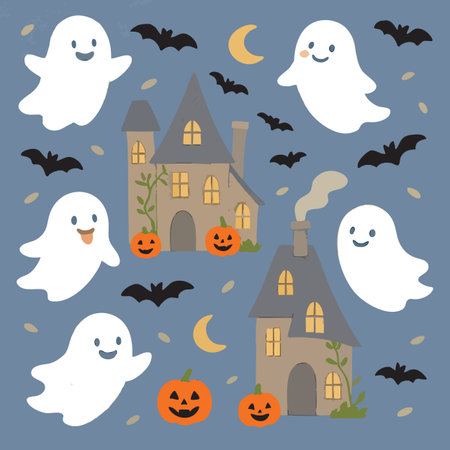 Spooky Cute Ghosts Haunted House Pumpkins Bats Halloween Happy Fall Autumn October 31 Holiday Print Design in Vector. Vector illustrationのイラスト素材