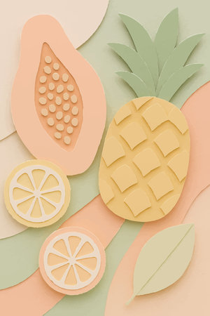 Cut Out Tropical Fruit Soft Pastel Vector Cutout Pineapple Lemons Summer Vacation Holiday Fun Fresh Print Background. Vector illustrationのイラスト素材