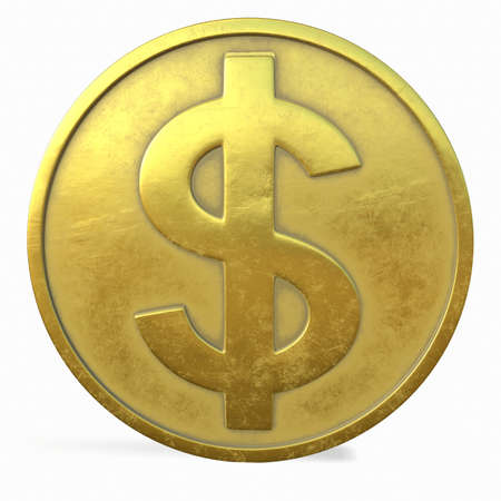 Gold coin with a dollar sign on a white background 3d-rendering.の写真素材