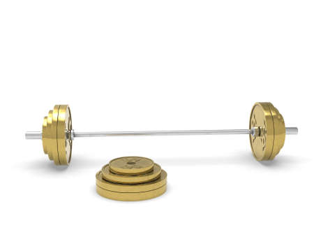 Gold barbell made of a dollar coin on a white background 3d-renderingの写真素材