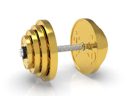 Golden dumbbell made of a dollar coin on a white background 3d-renderingの写真素材