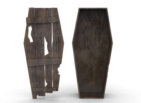 old wooden coffin on the white background 3d-renderingの写真素材