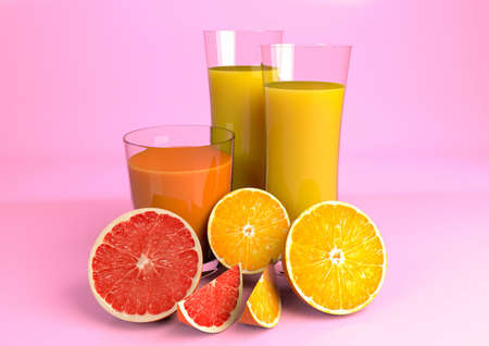 colorful drink on the pink background. Orange, grapefruit juice. 3d rendering.の写真素材