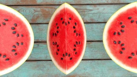 sliced watermelon on a wooden background 3d rendering.の写真素材