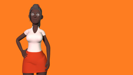 a dark-skinned girl in glasses, a red skirt, a green shirt and yellow shoes stands relaxed on a white background With a place for text 3d-rendering.の写真素材