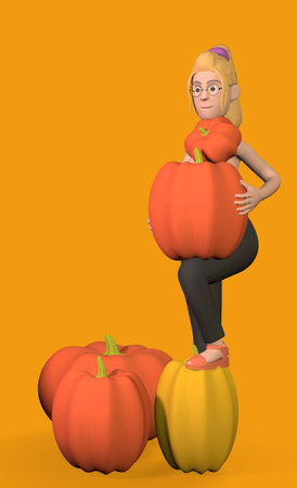 a naked girl in black pants stands with a pumpkin covering her breasts on an orange background 3d rendering.の写真素材