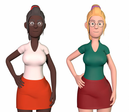 a girl in two different poses and different clothes 3d rendering.の写真素材