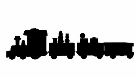 Black silhouette of a Christmas steam locomotive with gifts. Delivery of presents by rail.3d renderingの写真素材