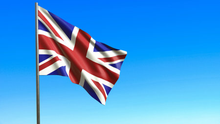 the flag of Great Britain flutters in the wind against the blue sky 3d rendering.