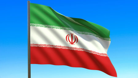the flag of iran fluttering in the wind against a blue sky background 3d rendering.の写真素材