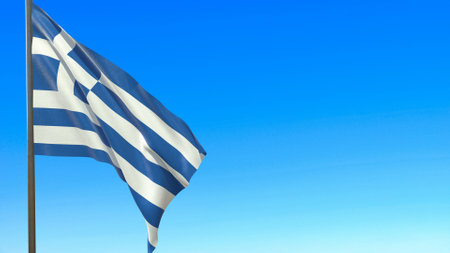 flag of Greece waving in the wind on flagpole against the sky 3d renderingの写真素材