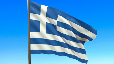 flag of Greece waving in the wind on flagpole against the sky 3d renderingの写真素材