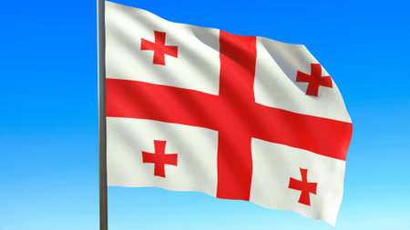 flag of Georgia waving in the wind on flagpole against the sky 3d rendering.