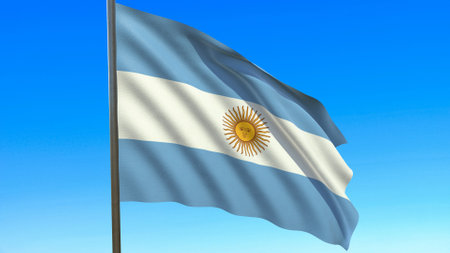 flag of Argentina waving in the wind on flagpole against the sky 3d rendering.の写真素材